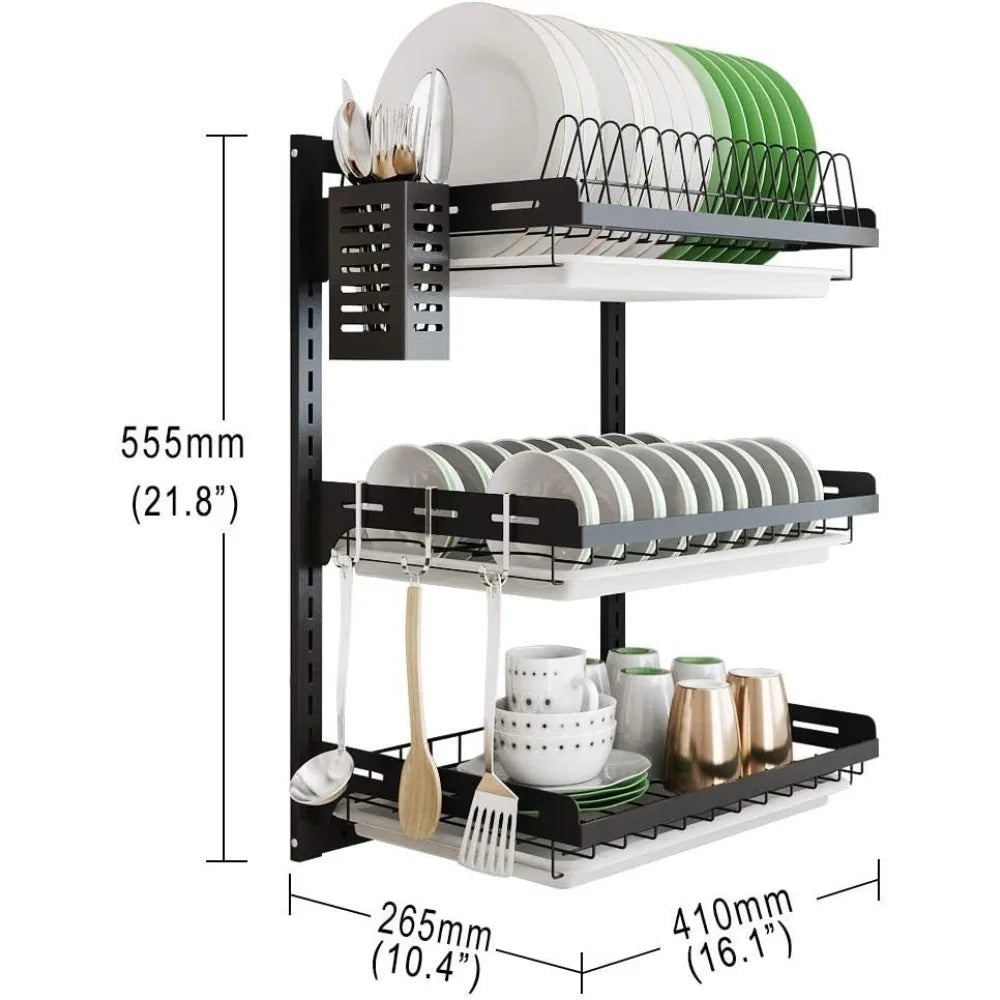 Hanging Dish Drying Rack Wall Mount,Dish Racks Drainer,3 Tier Kitchen Plate Organizer Storage Shelf