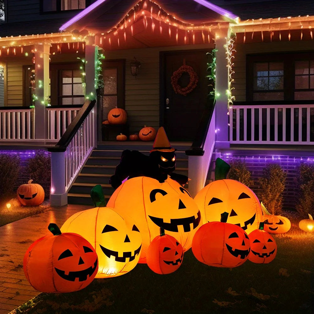 Halloween Pumpkin Inflatable With Witch Cat Lights