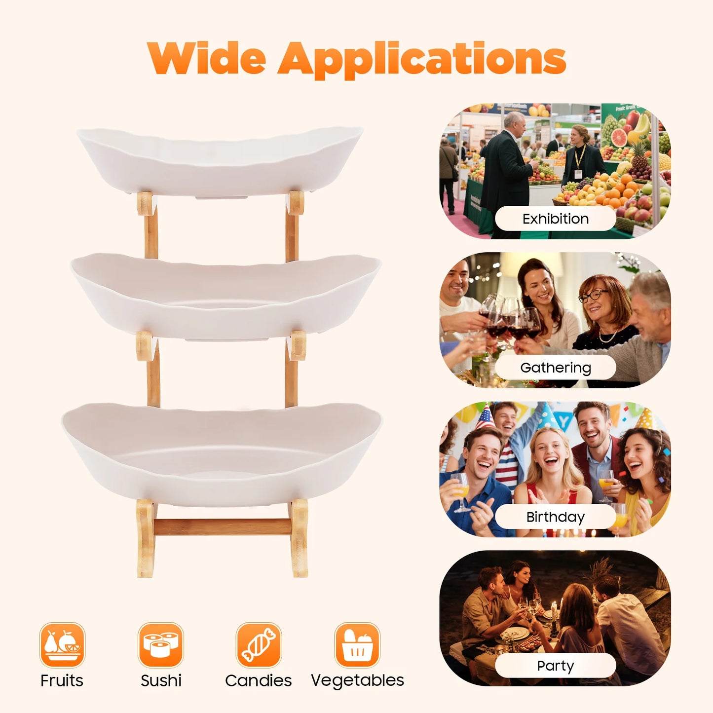 Three Tier Fruit Plate With Bamboo Wood Stand