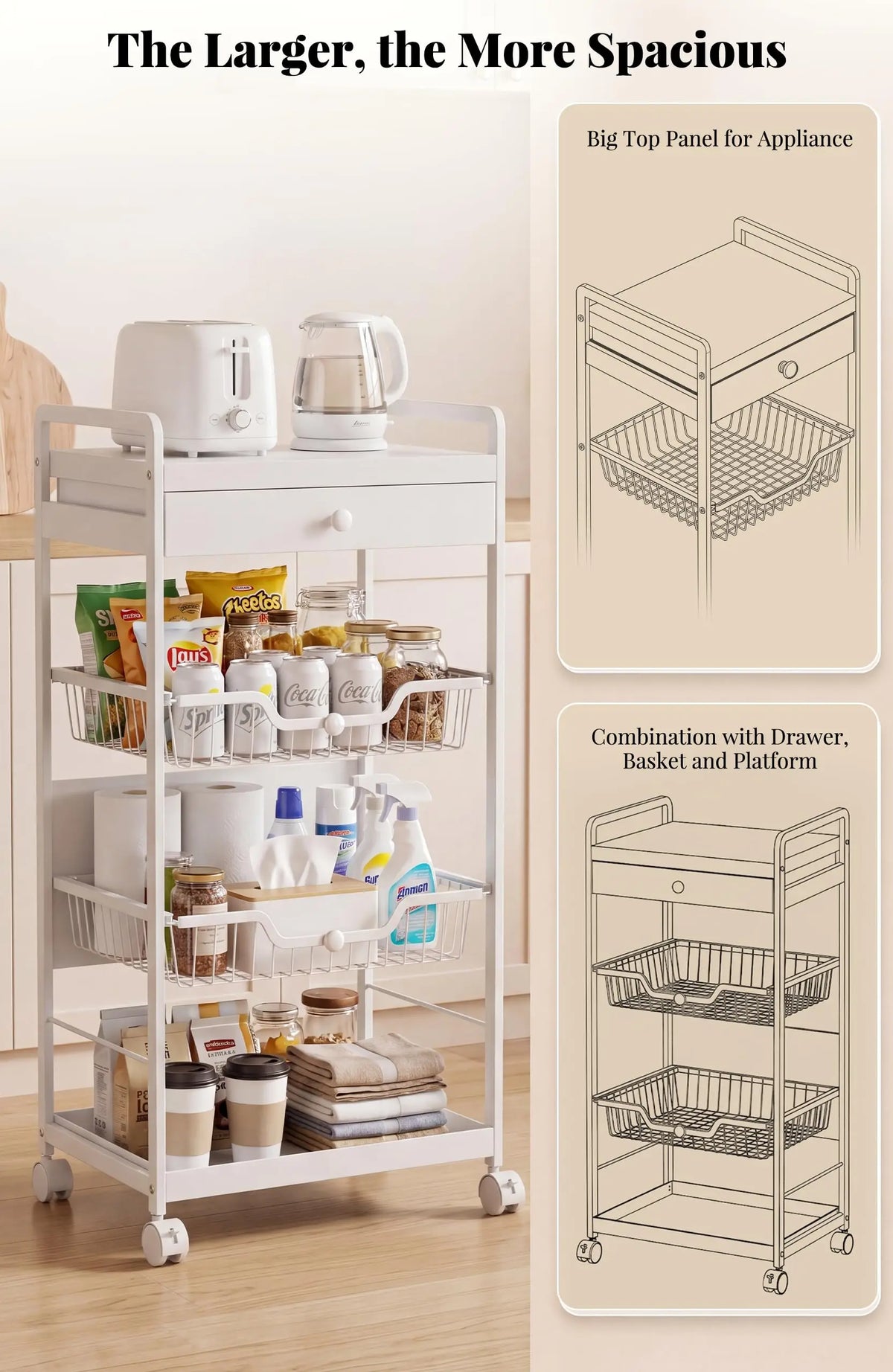 3 Tier Rolling Storage Cart With Lockable Wheels