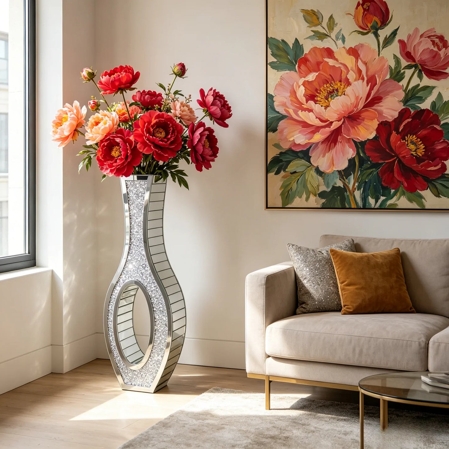 Various Styles,  Crushed Diamond Mirrored tall Vase.  Home Decor for Living Room Bedroom
