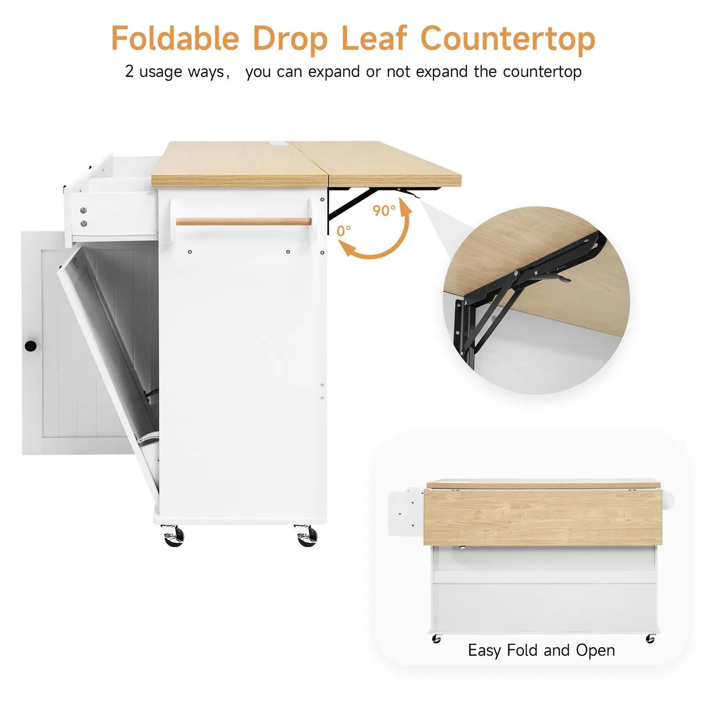 60" Mobile Kitchen rolling Island. Table Drop Leaf Cart with Power Outlet, Spice & Towel Rack.  Plus trash bin.