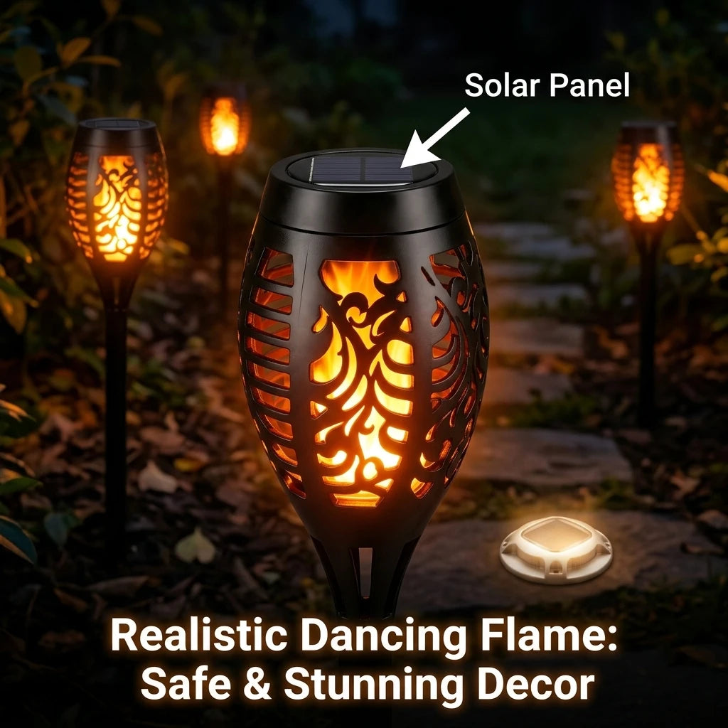 Solar Flame Torch And Ground Pathway Lights Set