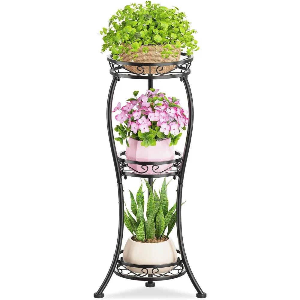 Three Tier Tall Metal Plant Stand 33 Inch Indoor Outdoor Rustproof Flower Pot Holder Display Rack Corner Garden Balcony