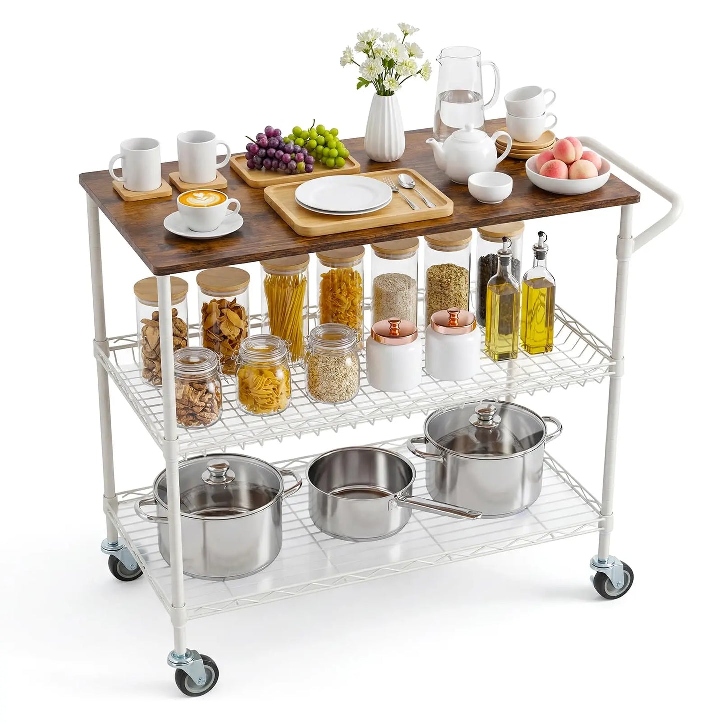 Kitchen Trolley on Wheels, 250KG Capacity Rolling Kitchen Island with Wood Top & Height Adjustable Basket Storage Shelves, 3-Tier Microwave Cart with Lockable Wheels, 2 Shelf Liners & 10 Hooks