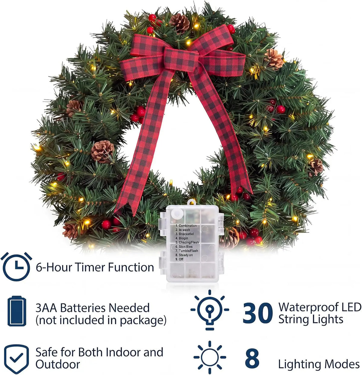 Tacleekii Christmas Wreath With Warm LED Lights