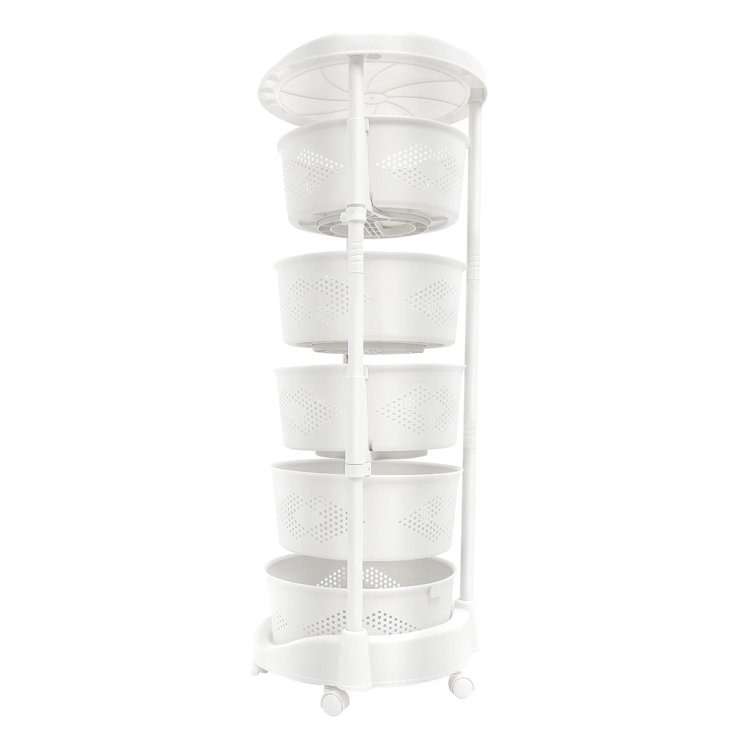 5 Layer Kitchen Rotating Storage Tower Organizer Rack Rolling Fruit Vegetable Storage Cart Basket White With Wheels