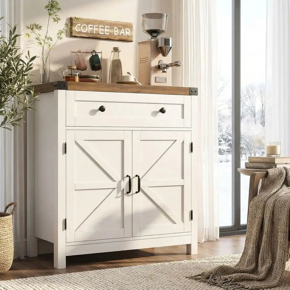Barn Door Accent Cabinet With Drawer And Adjustable Shelves
