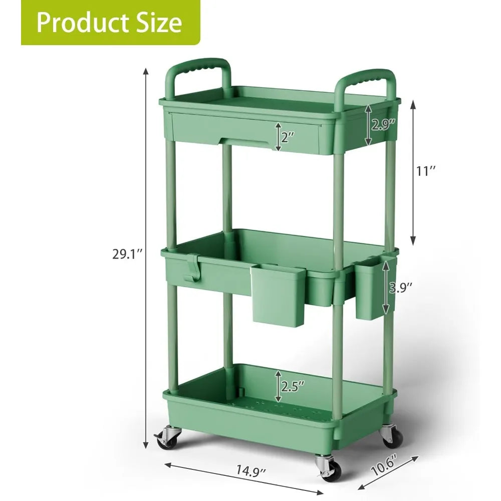 Three Tier Rolling Cart Mobile Storage Organizer for Laundry Bathroom Office Kitchen Craft Diaper Bedside Snack