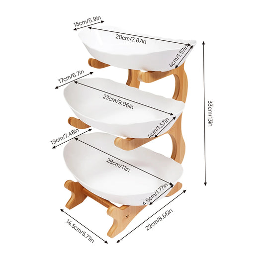 3 Tier Fruit Plate With Bamboo Wood Stand