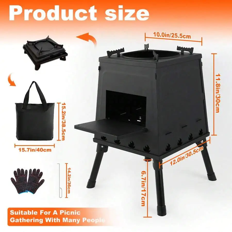 Wood Burning Camp Stove, Portable Cast Iron Camping Wood Stove, Black Woodstove With Carrying Case For Backpacking Outdoor Cooki