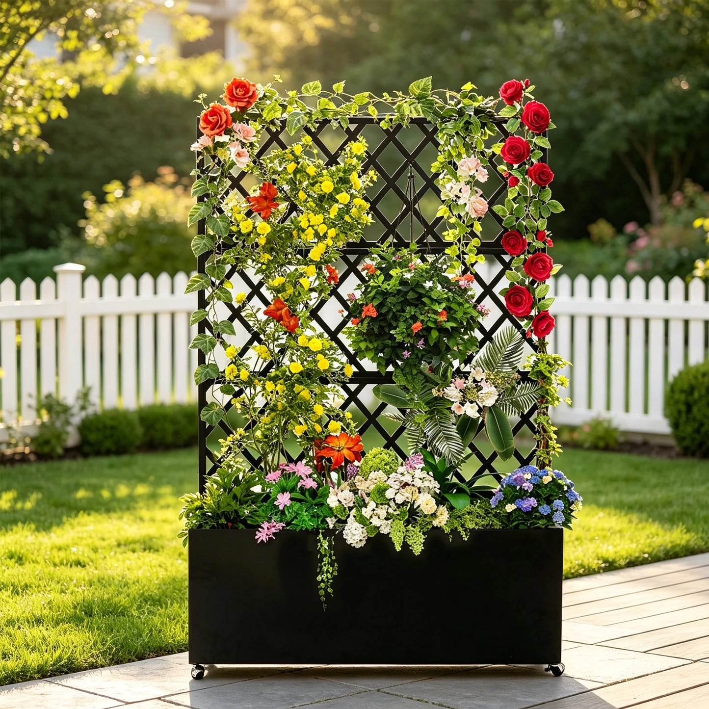 Galvanized Steel Raised Garden Bed With Trellis Privacy Screen, Locking Wheels & Drainage, Rolling Planter For Patio Deck Yard