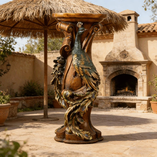 32.7" H Peacock Carved Decorative Pedestal Stand, Resin Faux Wood Plant Display Column, Vintage Artistic Accent Table for Vases, Figurines & Home Decor in Living Room & Entryway