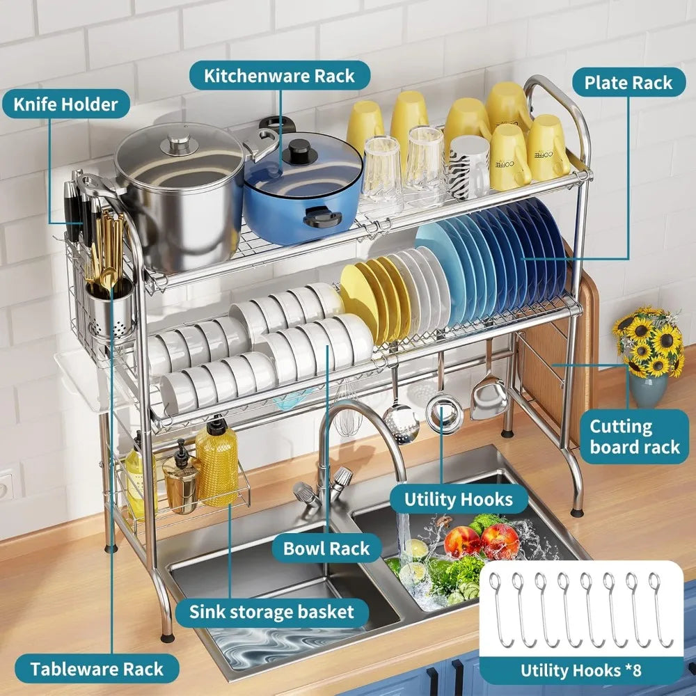 Two Tier Over Sink Dish Drying Rack with Utensil Holder Large Kitchen Counter Storage