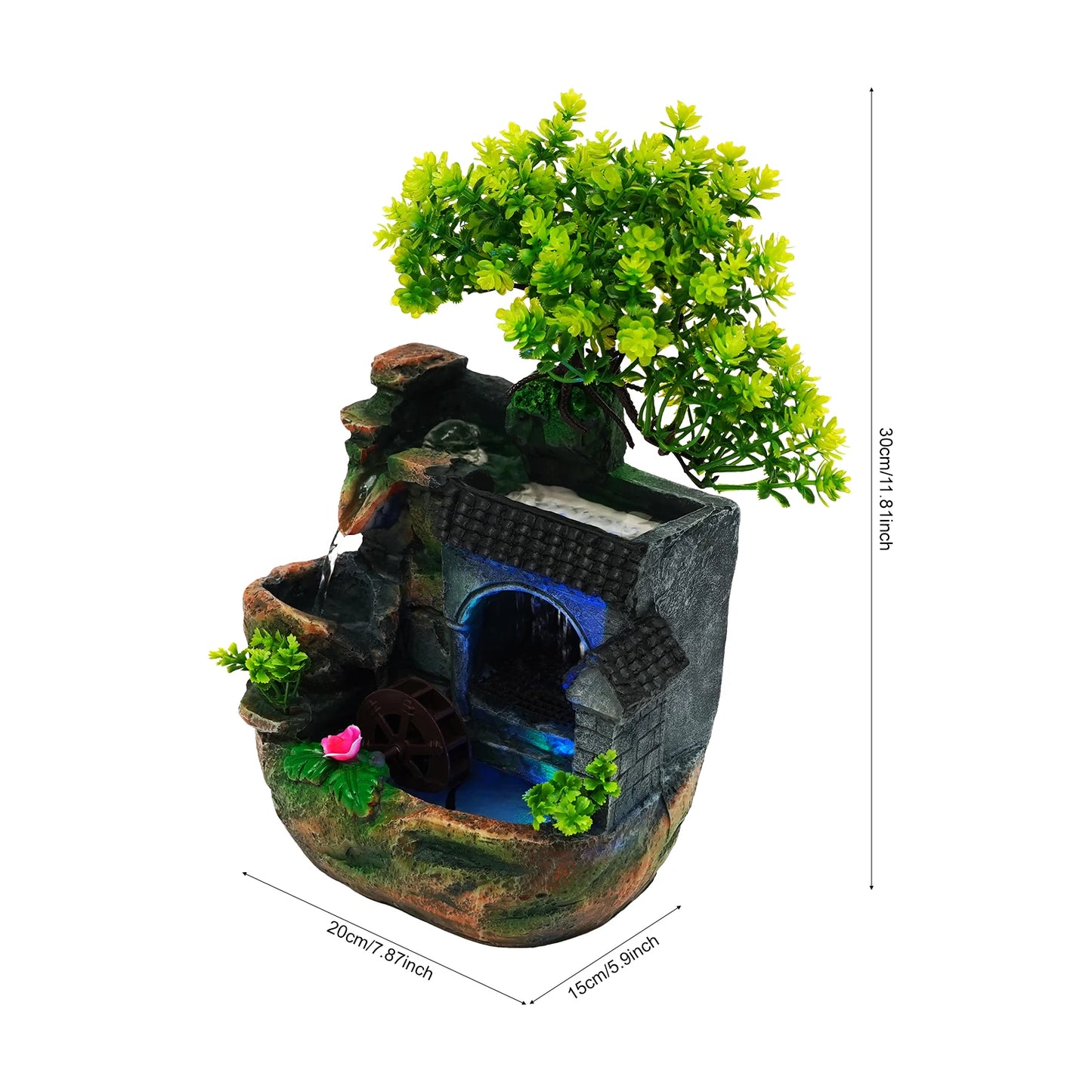 Tabletop Fountain Ornament, Tabletop Fountain, Flowing Water Resin Decor, Imitation Rock Bonsai, Durable Desktop Water Feature, Nature Style, 110V US Plug, Indoor Office Living Room Decoration, Hand-Carved Simulation Plant Wh