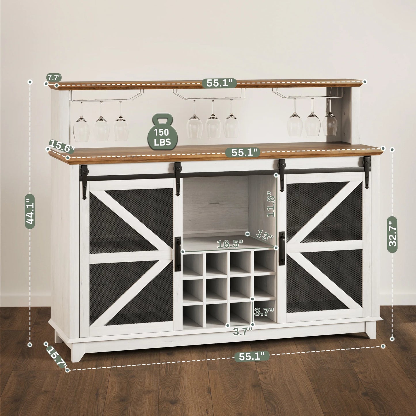 Farmhouse LED Coffee Bar Cabinet With Wine Rack
