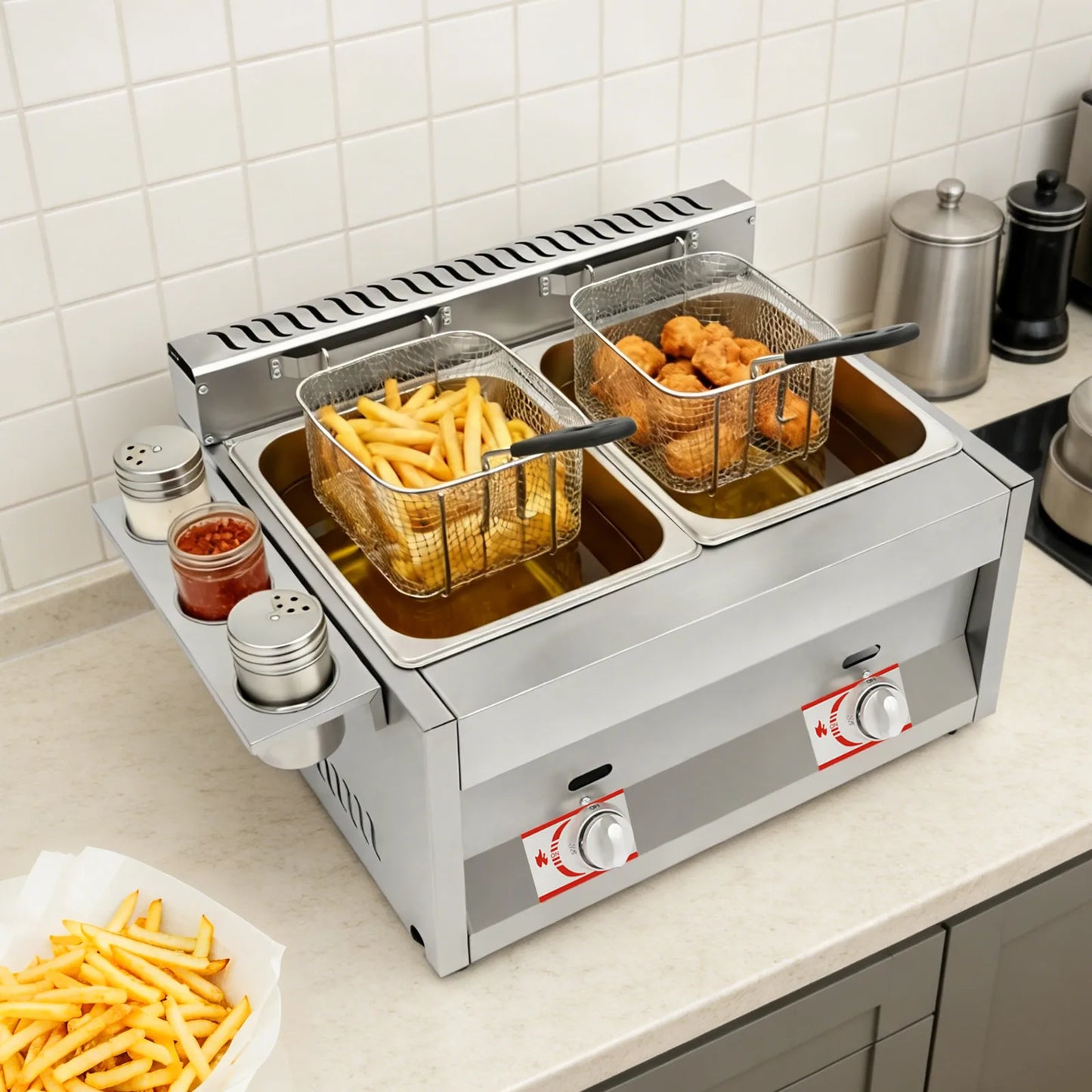 Gas Deep Fryer with Basket and Lid, Silver Commercial Deep Fryer, Stainless Steel Dual Tank Kitchen Deep Fryer 6L/6.34Qt