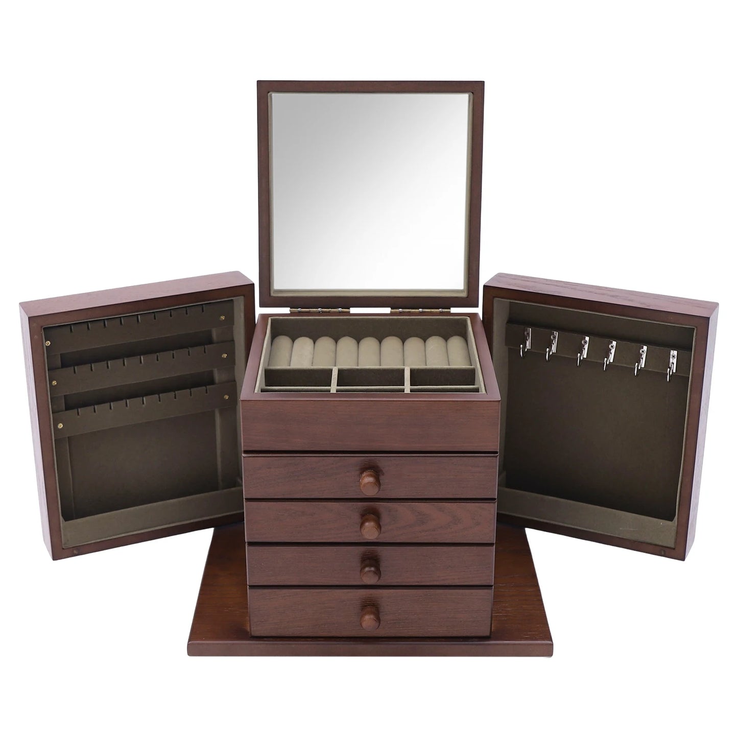 Jewelry Organizer Box, Multi-Compartment Storage Case with 4 Drawers & 6 Hooks & Built-in Mirror, Space-Saving MDF Vanity Stand for Rings Necklaces Earrings & Cosmetics