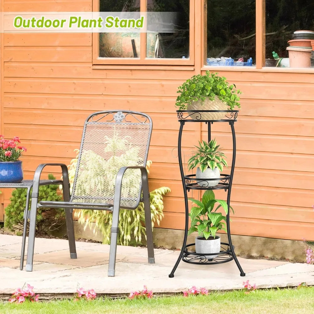 Three Tier Tall Metal Plant Stand 33 Inch Indoor Outdoor Rustproof Flower Pot Holder Display Rack Corner Garden Balcony