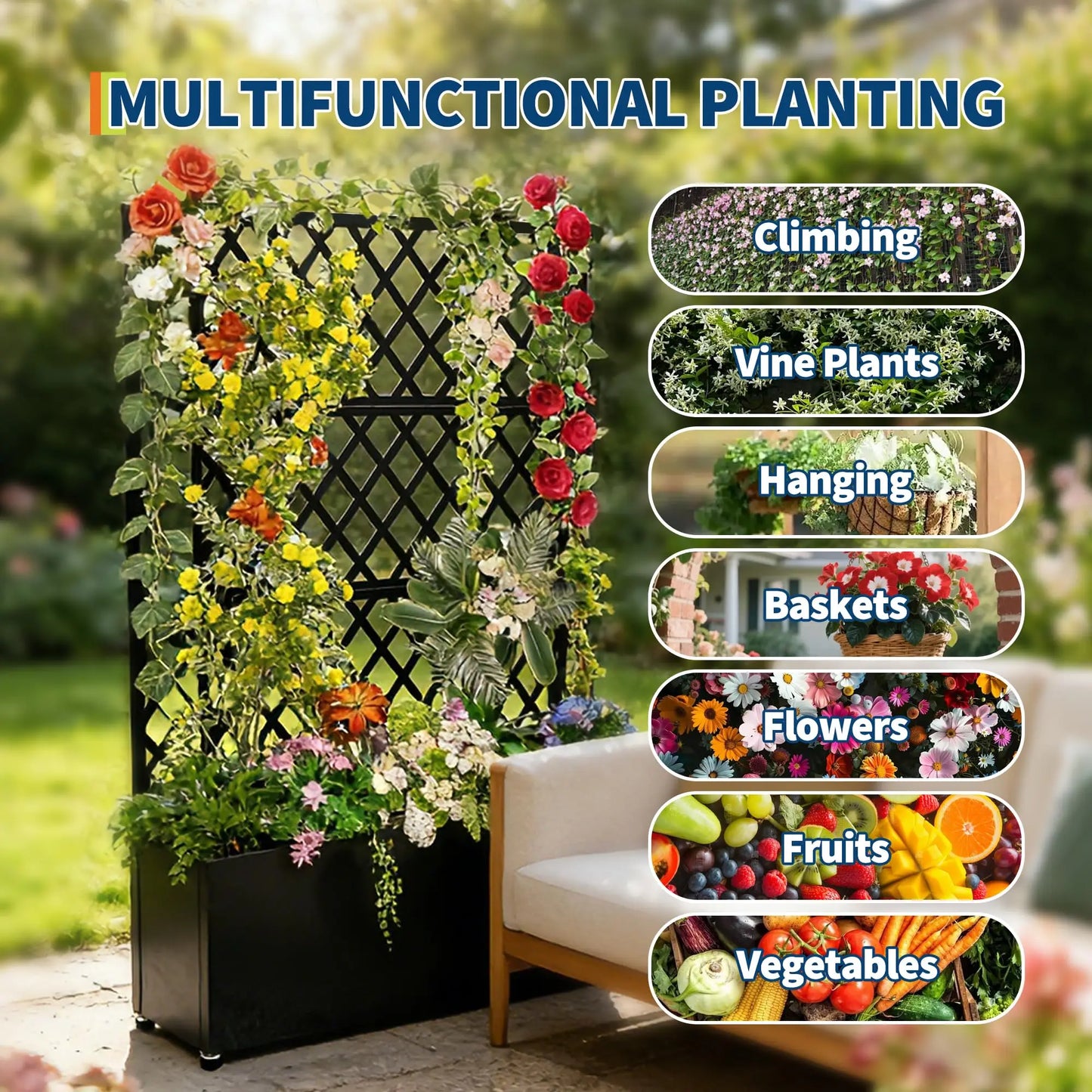 Galvanized Steel Raised Garden Bed With Trellis Privacy Screen, Locking Wheels & Drainage, Rolling Planter For Patio Deck Yard