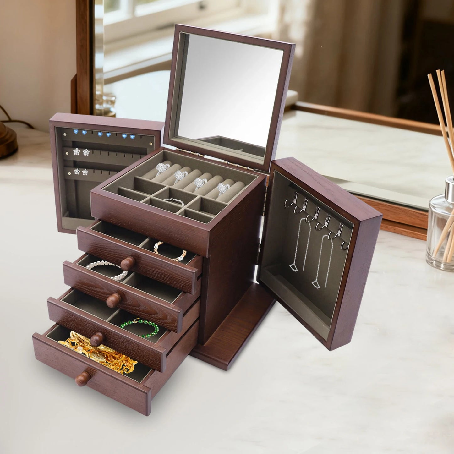 Jewelry Organizer Box, Multi-Compartment Storage Case with 4 Drawers & 6 Hooks & Built-in Mirror, Space-Saving MDF Vanity Stand for Rings Necklaces Earrings & Cosmetics