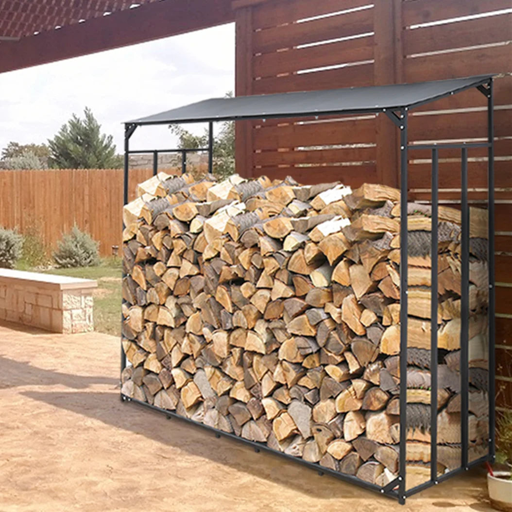 Metal Outdoor Firewood Storage Rack With Top Cover