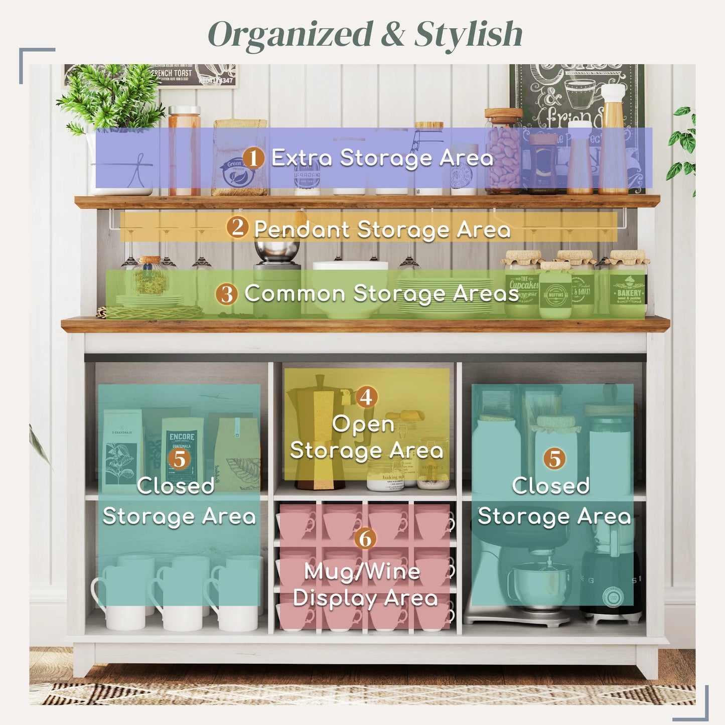 Farmhouse LED Coffee Bar Cabinet With Wine Rack