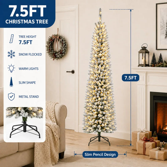 Slim Snow Flocked Prelit Christmas Tree With Warm Lights