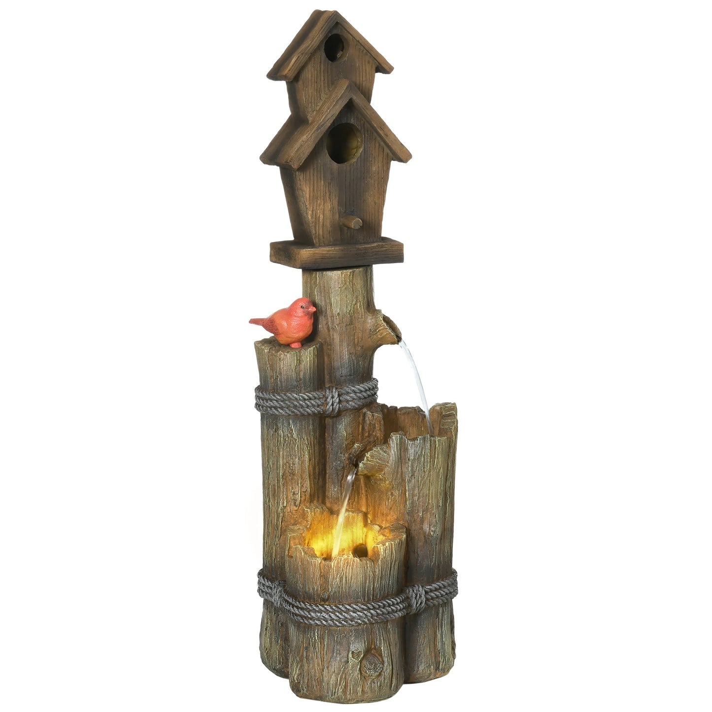 Tree Trunk Outdoor Fountain With Birdhouse