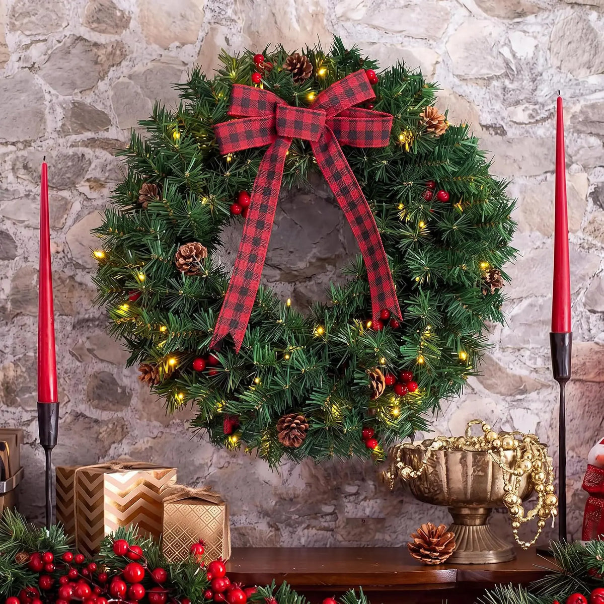 Tacleekii Christmas Wreath With Warm LED Lights