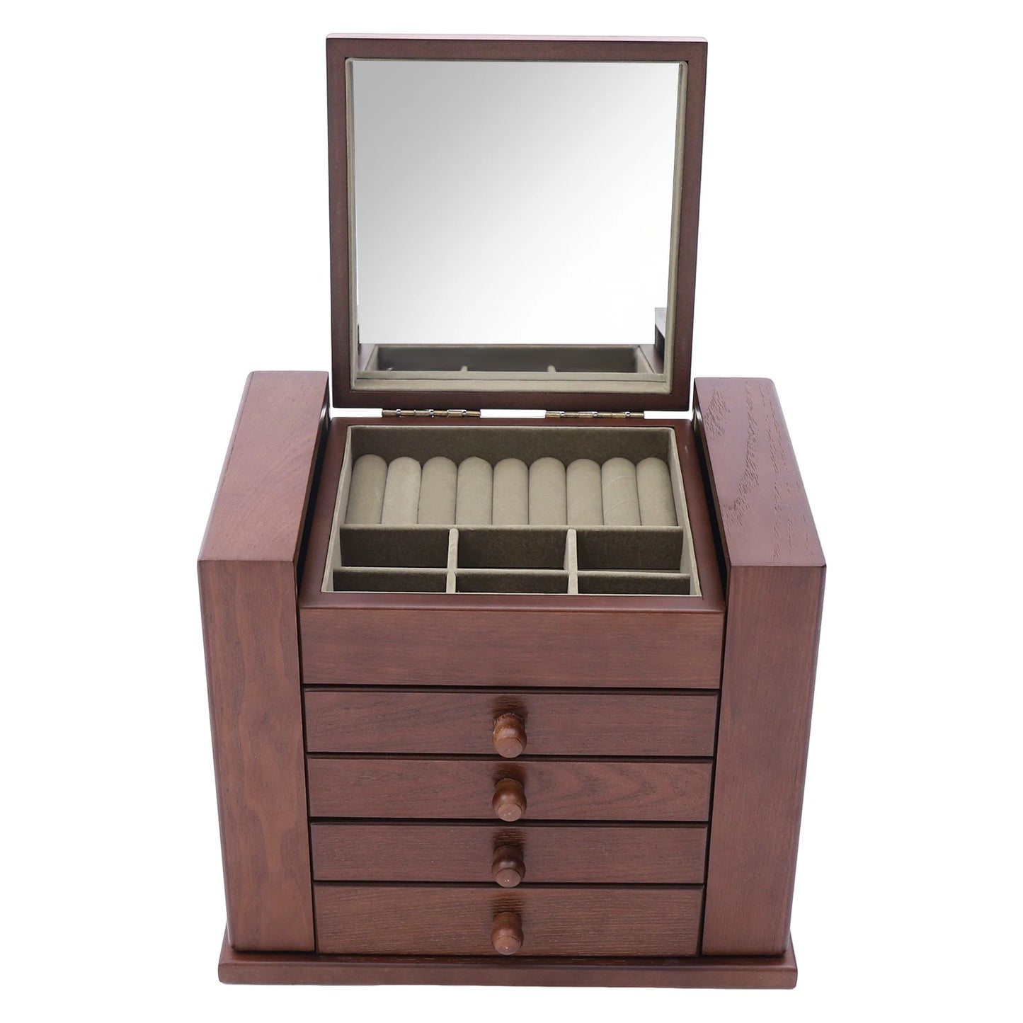 Jewelry Organizer Box, Multi-Compartment Storage Case with 4 Drawers & 6 Hooks & Built-in Mirror, Space-Saving MDF Vanity Stand for Rings Necklaces Earrings & Cosmetics