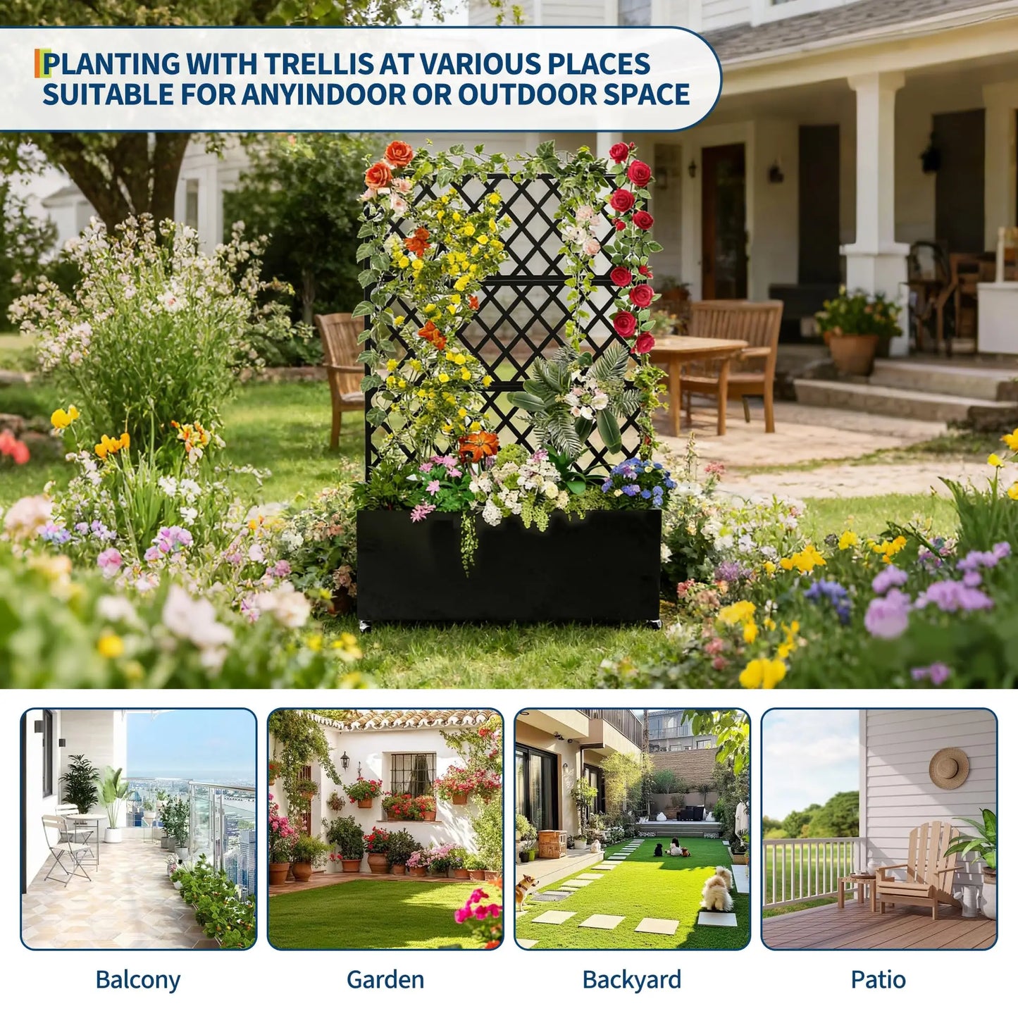 Galvanized Steel Raised Garden Bed With Trellis Privacy Screen, Locking Wheels & Drainage, Rolling Planter For Patio Deck Yard