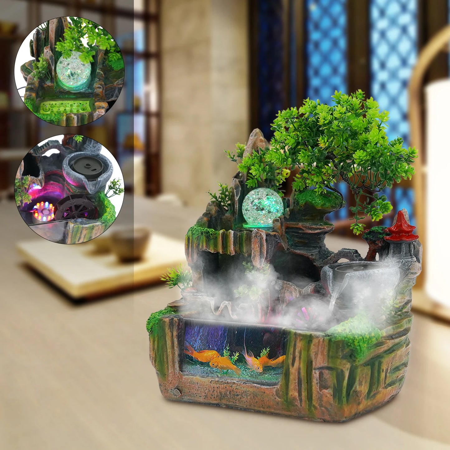 Tabletop Fountain, Rockery Ornament with Mist Maker 110V, Water Fountain for Home Desk Decor, Resin Landscape Decoration