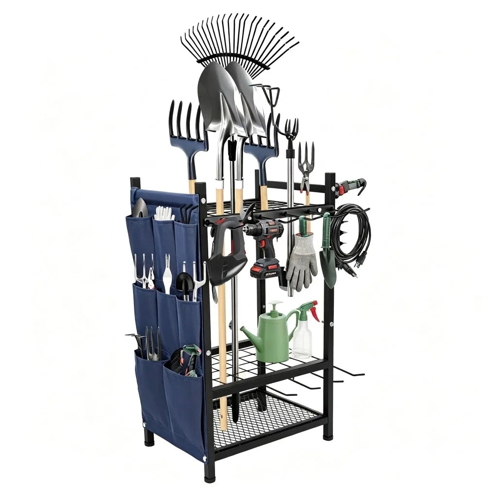 2 Pack Garden Tool Storage Organizer, Heavy Duty Black Metal Garage Tool Rack Set, Freestanding Yard Long Handle Tool Holder with Side Blue Storage Bags & Perforated Pegboard Utility Organizer for Lawn Shovel Rake Power Hand