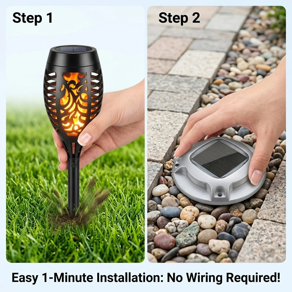 Solar Flame Torch And Ground Pathway Lights Set