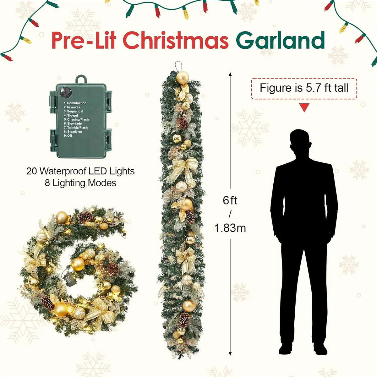 Garvee Pre Lit LED Christmas Garland Decoration