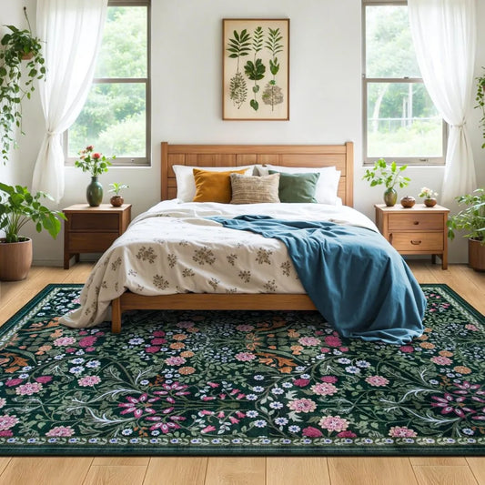 Area Rugs 9x12 Living Room: Floral Washable Rug. Vintage Large Soft Boho Non-Slip Carpet Indoor Floor Stain Resistant Low Pile