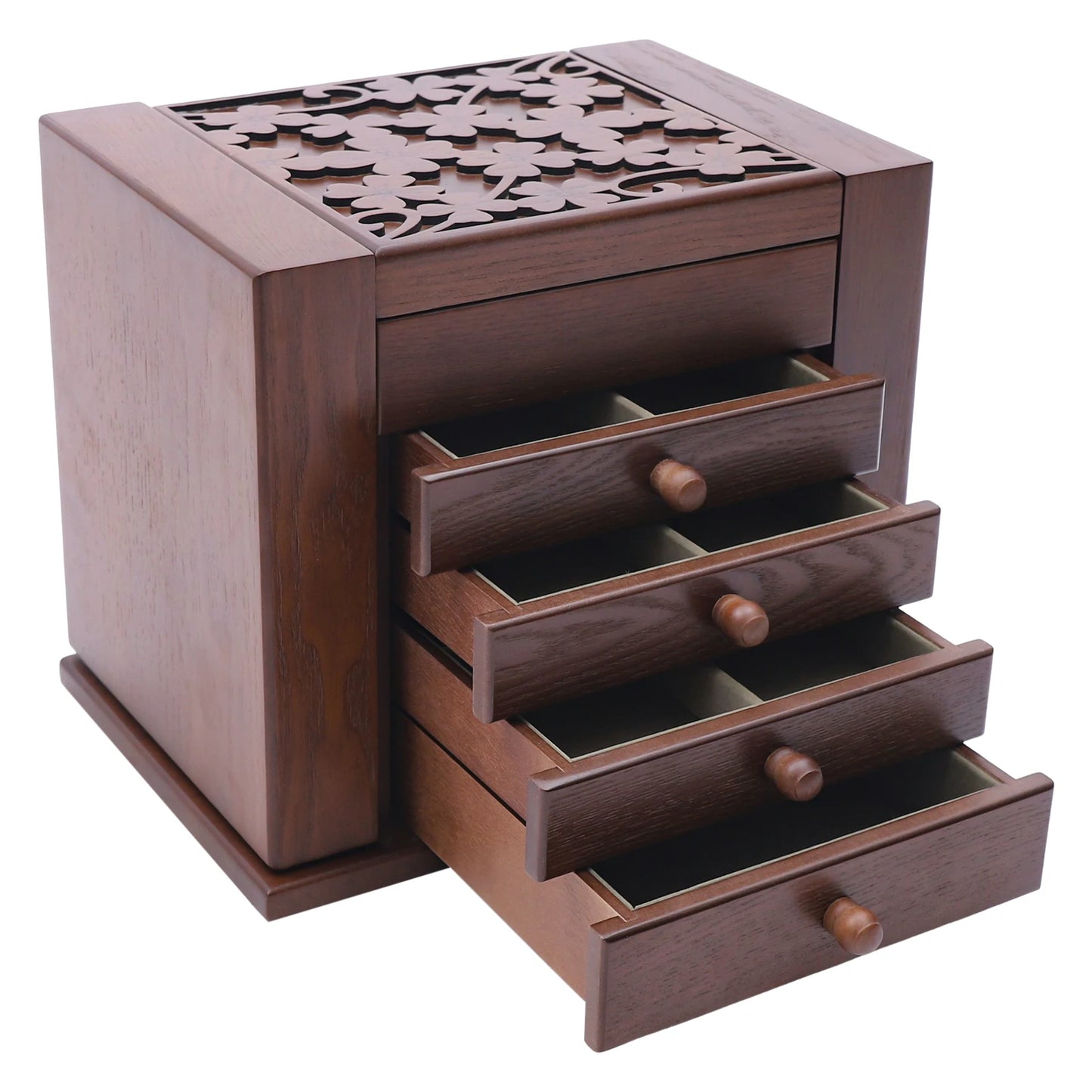 Jewelry Organizer Box, Multi-Compartment Storage Case with 4 Drawers & 6 Hooks & Built-in Mirror, Space-Saving MDF Vanity Stand for Rings Necklaces Earrings & Cosmetics