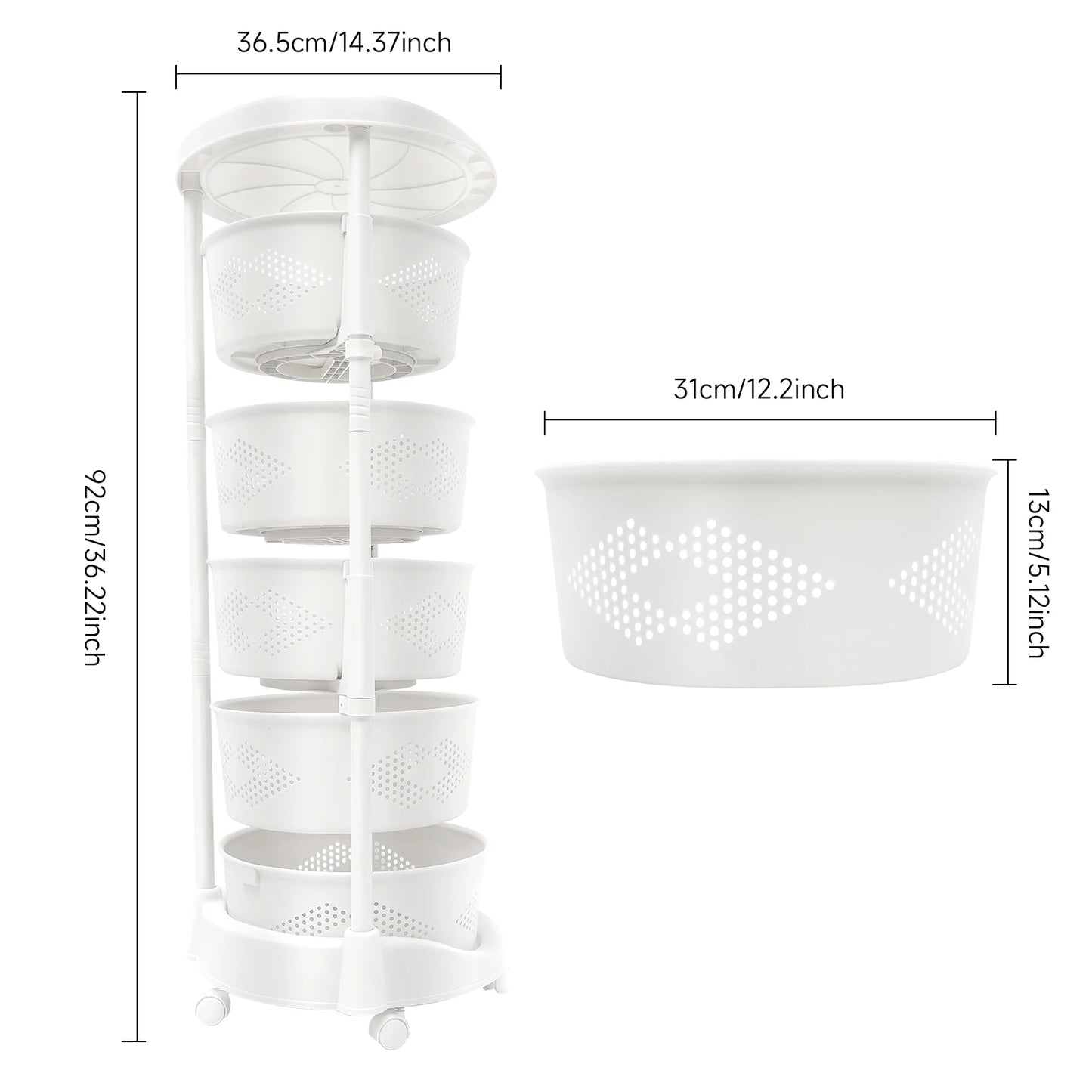 5 Layer Kitchen Rotating Storage Tower Organizer Rack Rolling Fruit Vegetable Storage Cart Basket White With Wheels