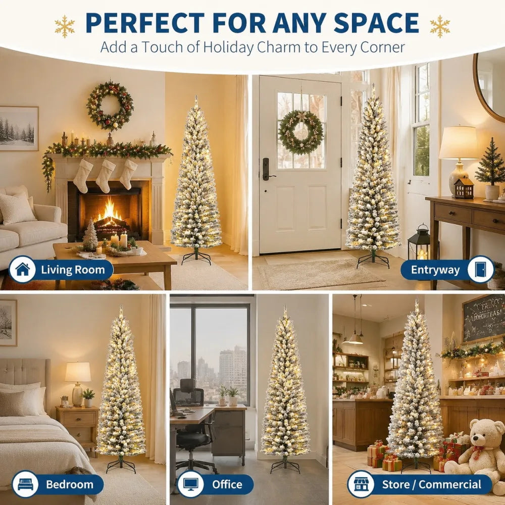 Slim Snow Flocked Prelit Christmas Tree With Warm Lights