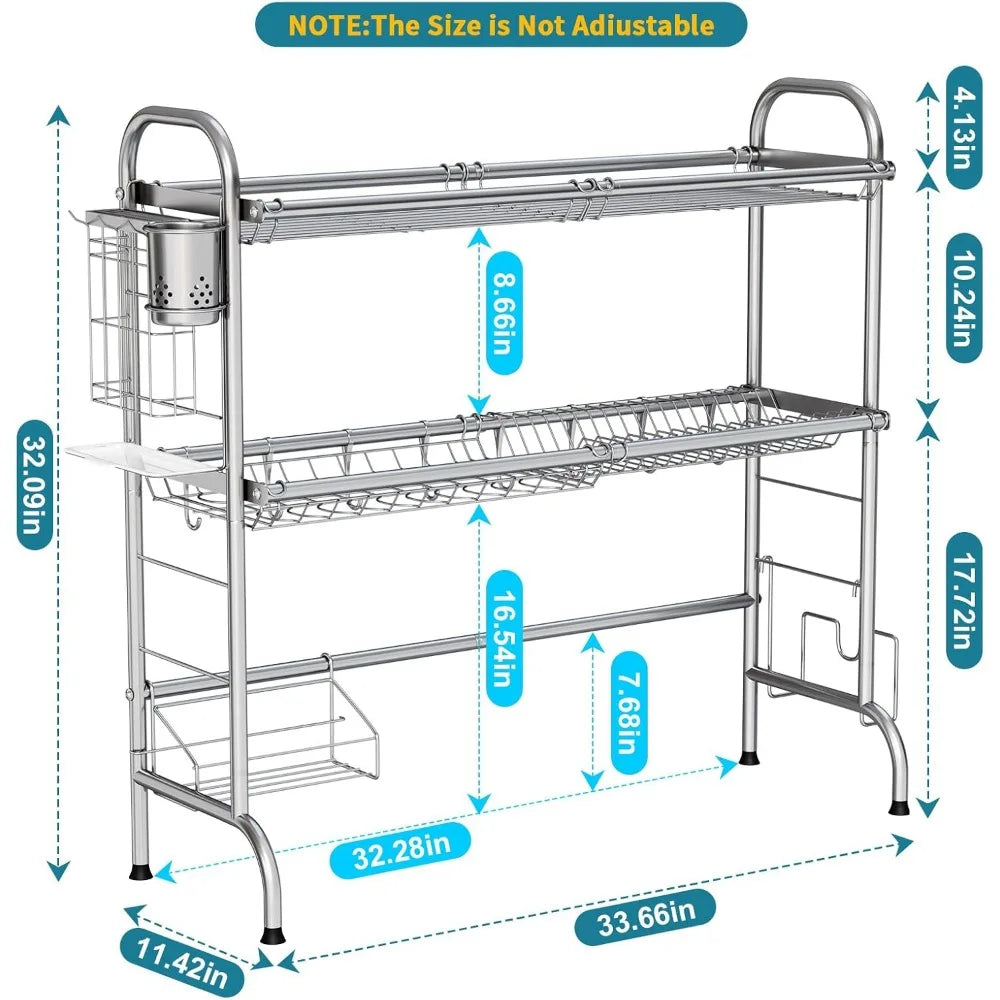 Two Tier Over Sink Dish Drying Rack with Utensil Holder Large Kitchen Counter Storage