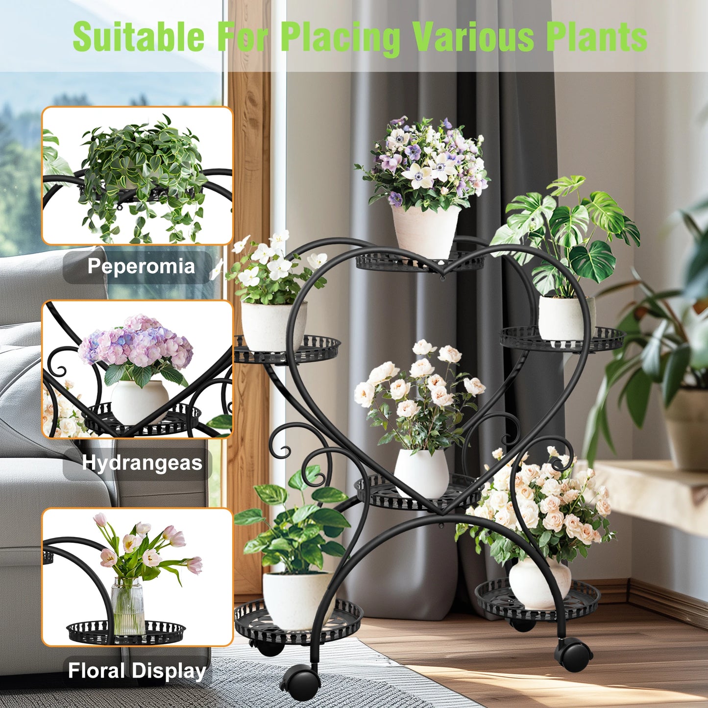 Wisfor Heart Shaped Metal Rolling Plant Stand