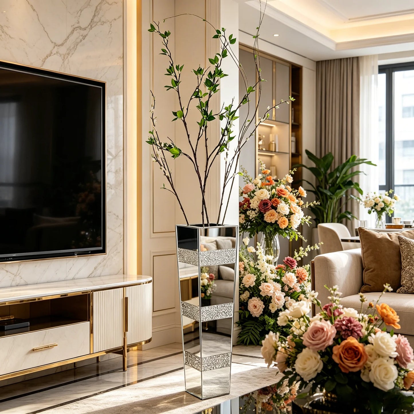 Various Styles,  Crushed Diamond Mirrored tall Vase.  Home Decor for Living Room Bedroom
