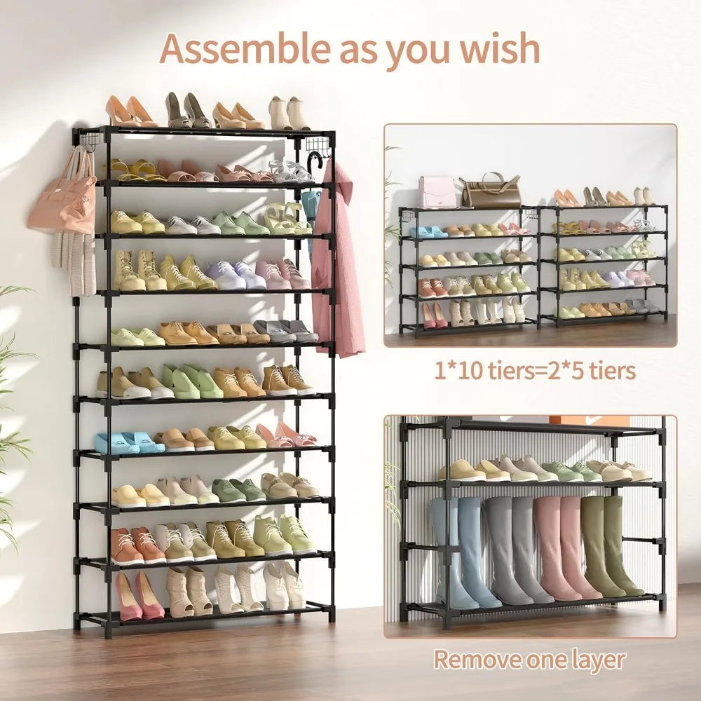 10 Tier Shoe Rack Holds 50 Pairs Tall Organizer with Hooks Metal Frame Space Saving Storage for Closet Entryway