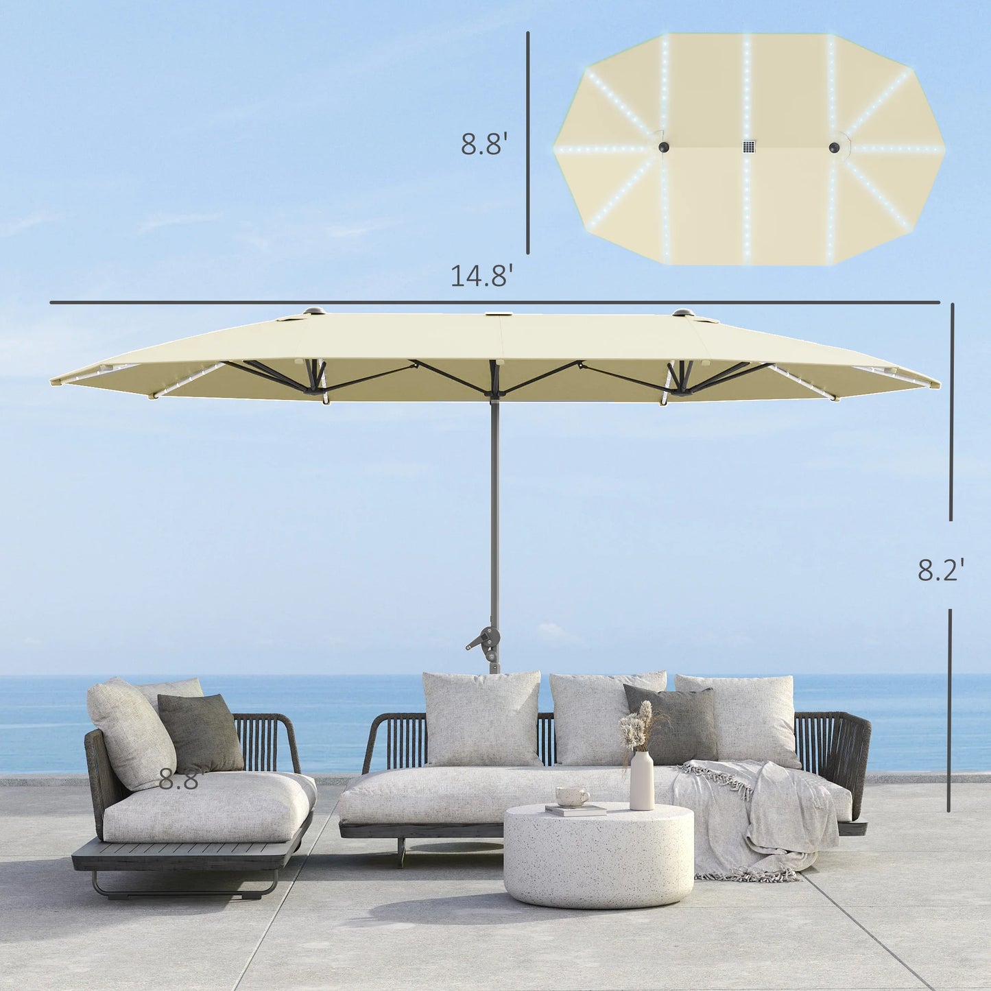 15ft Patio Umbrella Solar Lights UPF50+ Outdoor Umbrella Cream