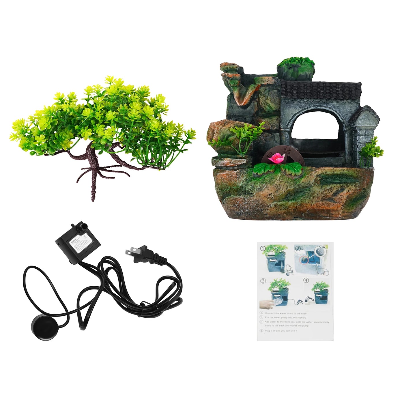 Tabletop Fountain Ornament, Tabletop Fountain, Flowing Water Resin Decor, Imitation Rock Bonsai, Durable Desktop Water Feature, Nature Style, 110V US Plug, Indoor Office Living Room Decoration, Hand-Carved Simulation Plant Wh