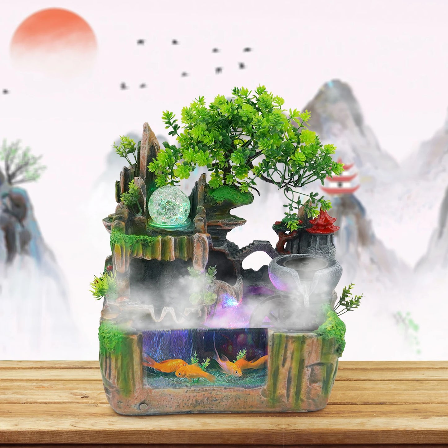 Tabletop Fountain, Rockery Ornament with Mist Maker 110V, Water Fountain for Home Desk Decor, Resin Landscape Decoration