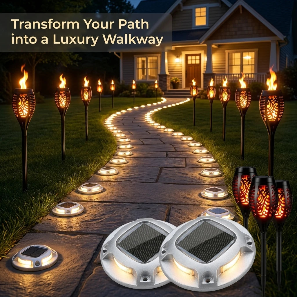 Solar Flame Torch And Ground Pathway Lights Set