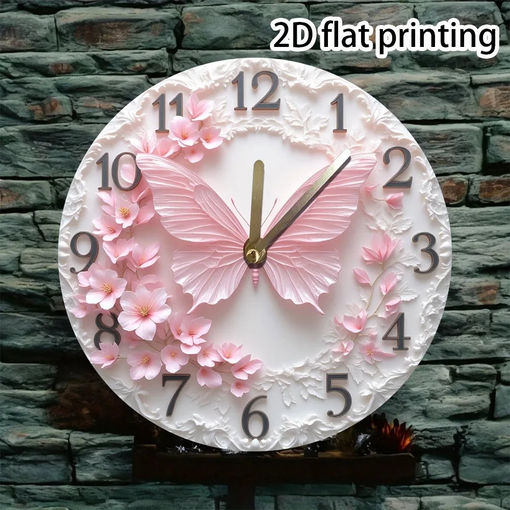 1 Elegant Pink Butterfly Wall Clock with Floral Pattern - Silent Non-Ticking Battery Operated Wooden Round Clock for Home Decor,