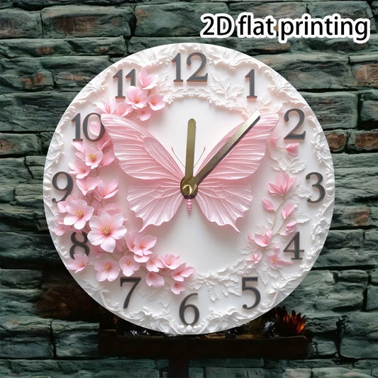 1 Elegant Pink Butterfly Wall Clock with Floral Pattern - Silent Non-Ticking Battery Operated Wooden Round Clock for Home Decor,